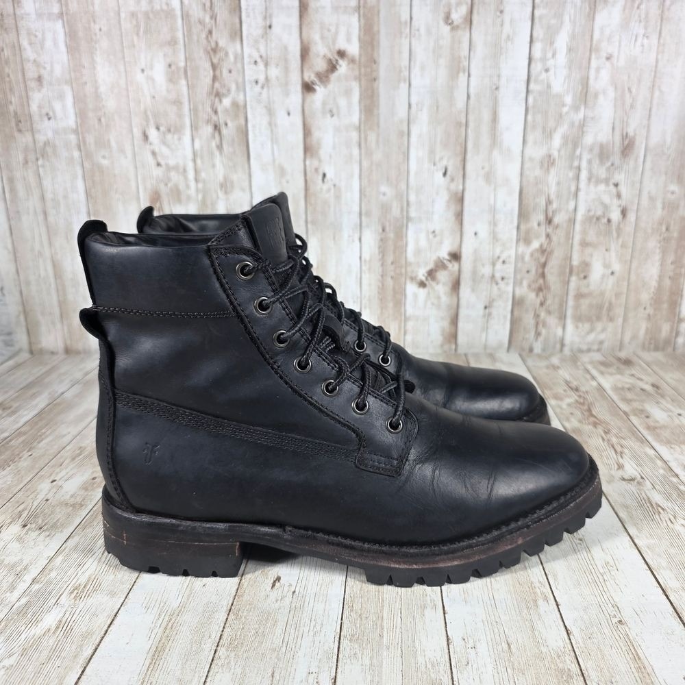 FRYE Mens Black Leather Combat Boots Rugged Lug Sole Military Work Boots 9.5